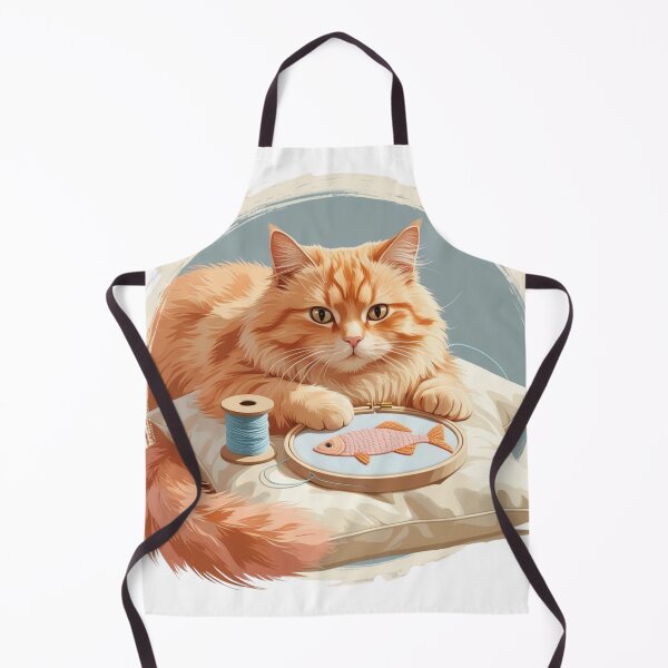 Item preview, Ginger Cat Embroidering Fish – Cozy Craft Animal Art designed and sold by jelonkaa.