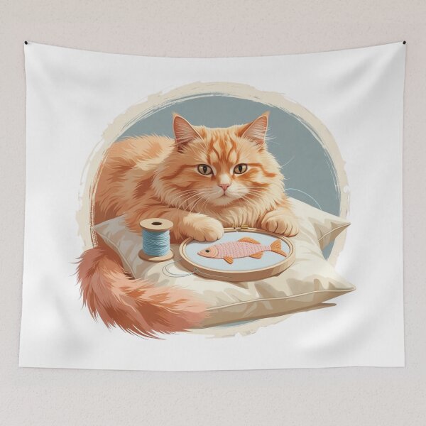 Item preview, Ginger Cat Embroidering Fish – Cozy Craft Animal Art designed and sold by jelonkaa.
