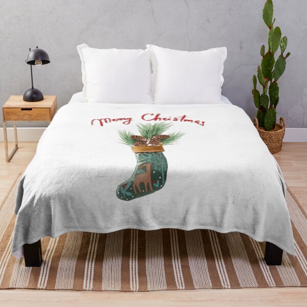 Item preview, Festive Christmas stocking decorated with pine and pinecones hanging cheerfully with a Merry Christmas greeting designed and sold by Ms. Iryna.