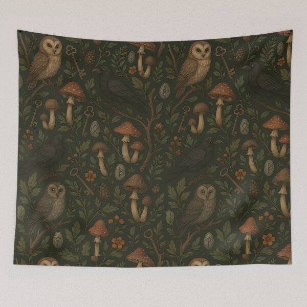 Item preview, Enchanted Forest With Ravens Owls Mushrooms and Vintage Keys designed and sold by Dragonlit.