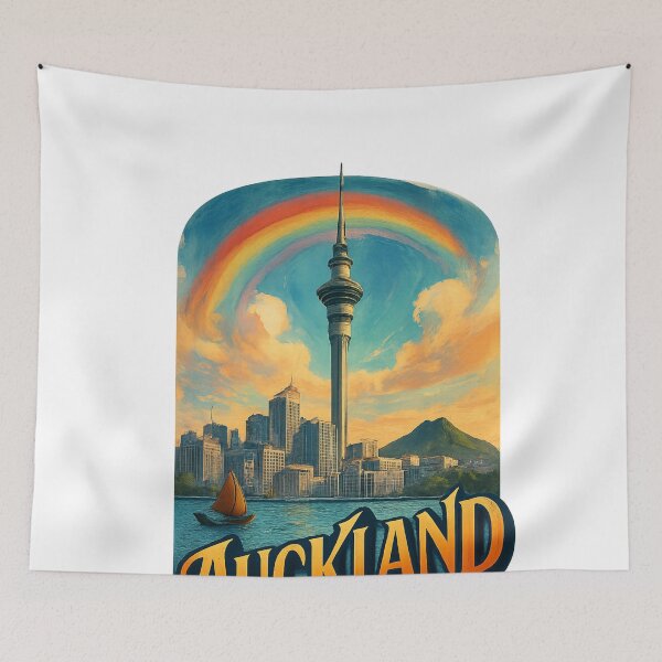 Item preview, Auckland Skyline and Sky Tower with Rainbow, New Zealand designed and sold by Aryabek.