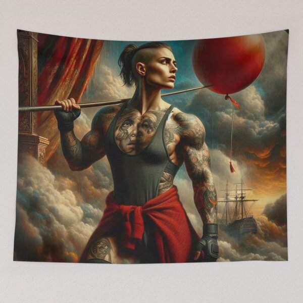 Item preview, Skybound Strength: Tattooed Adventurer in Stormy Dreamscape designed and sold by Ghost Archer Illusions.