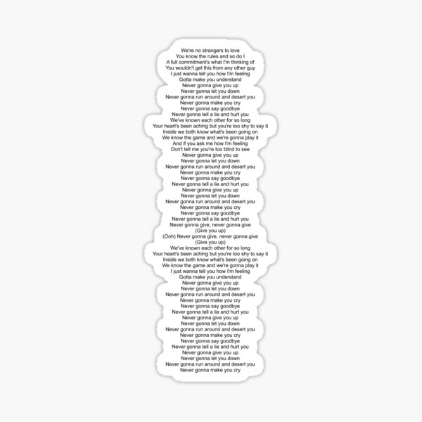 Never Gonna Give You Up Lyrics Sticker By Xanderaardappel Redbubble - roblox music codes never gonna give you up
