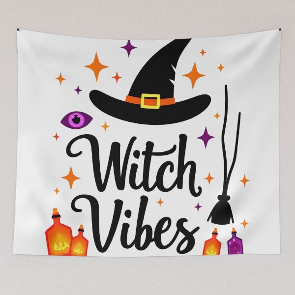 Item preview, Witch Vibes Halloween Quote with Witch Hat, Broomstick, Potions, and Magic Stars designed and sold by Mimoshi ⭐⭐⭐⭐⭐.