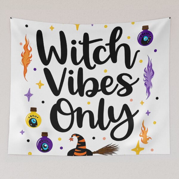 Item preview, Witch Vibes Only Halloween Quote with Magic Flames, Potions, and Witch Hat designed and sold by Mimoshi ⭐⭐⭐⭐⭐.