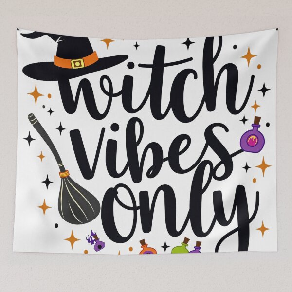 Item preview, Witch Vibes Only Halloween Quote with Witch Hat, Broom, and Magic Potions designed and sold by Mimoshi ⭐⭐⭐⭐⭐.