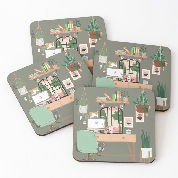 Item preview, Cozy Home Office Print — Cute Desk, Hanging Plants, Books & Coffee Illustration designed and sold by StudioSamanthaa.