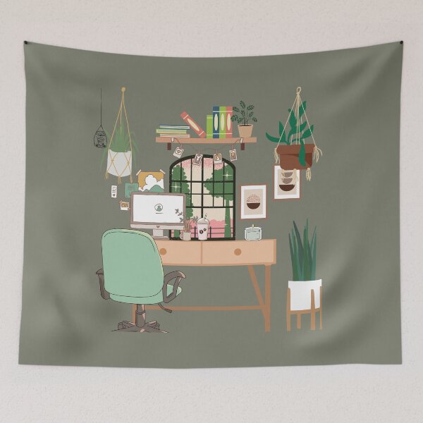 Item preview, Cozy Home Office Print — Cute Desk, Hanging Plants, Books & Coffee Illustration designed and sold by StudioSamanthaa.