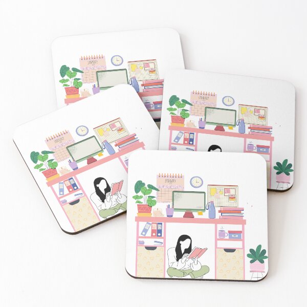 Item preview, Pink Cozy Office with Girl Reading Under Desk — Cute Home Workspace Art designed and sold by StudioSamanthaa.
