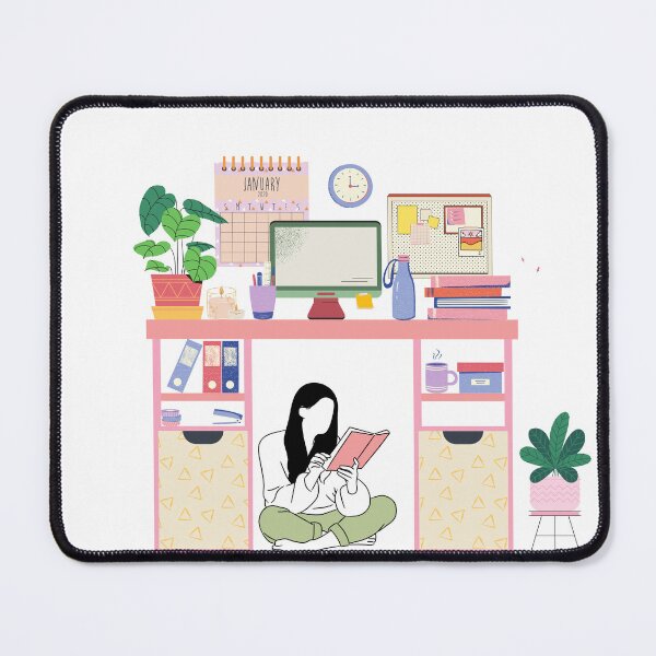 Item preview, Pink Cozy Office with Girl Reading Under Desk — Cute Home Workspace Art designed and sold by StudioSamanthaa.