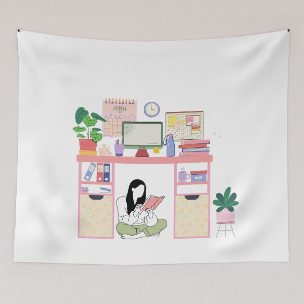 Item preview, Pink Cozy Office with Girl Reading Under Desk — Cute Home Workspace Art designed and sold by StudioSamanthaa.