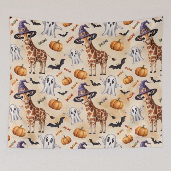 Item preview, Cute Giraffe Halloween Pattern – Whimsical Giraffe in Halloween Scene with Pumpkins, Ghosts & Candy designed and sold by YourSocialBae.