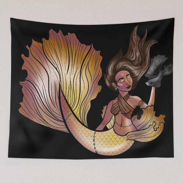 Item preview, Hand-Drawn Mermaid with Betta Fish Tail and Black Betta Companion — Whimsical Procreate Art designed and sold by StudioSamanthaa.
