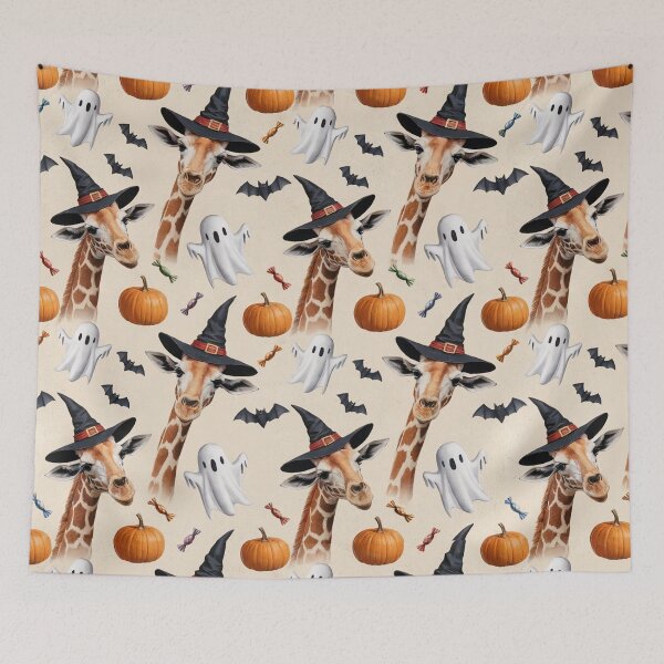 Item preview, Cute Giraffe Halloween Pattern – Whimsical Giraffe in Halloween Scene with Pumpkins, Ghosts & Candy designed and sold by YourSocialBae.