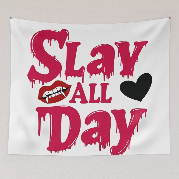 Item preview, Slay All Day Halloween Quote with Vampire Lips, Bloody Drips, and Black Heart designed and sold by Mimoshi ⭐⭐⭐⭐⭐.