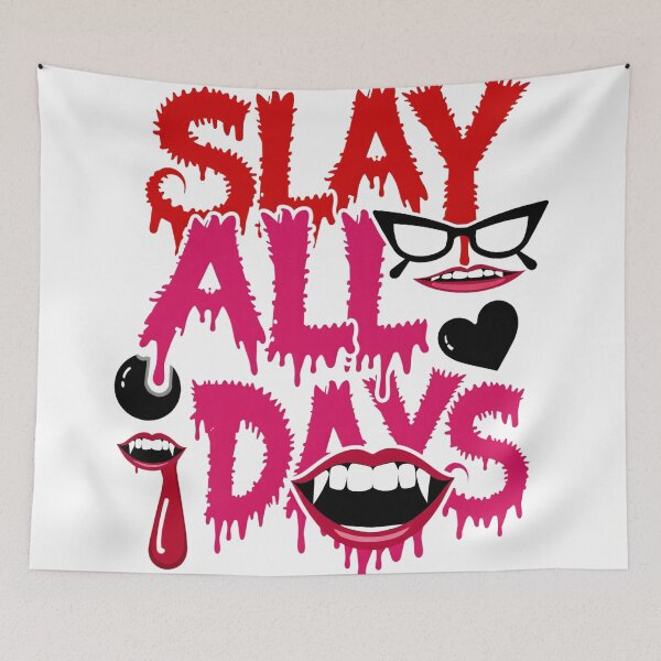 Item preview, Slay All Days Halloween Typography with Bloody Drips, Vampire Mouths, and Retro Glasses designed and sold by Mimoshi ⭐⭐⭐⭐⭐.