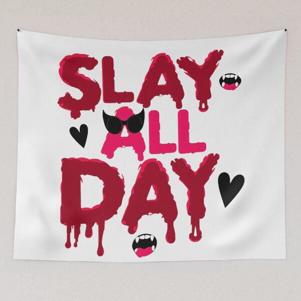 Item preview, Slay All Day Halloween Text with Bloody Drips, Vampire Fangs, and Hearts designed and sold by Mimoshi ⭐⭐⭐⭐⭐.