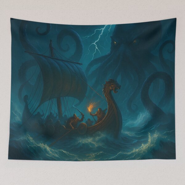 Item preview, Viking Longship vs Kraken – Epic Norse Mythology Fantasy Art designed and sold by NorseDrip.