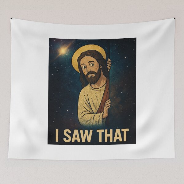 Item preview, Funny Cosmic Jesus Meme "I Saw That" – Christian Humor Space Design designed and sold by TrendyTeeCenter.