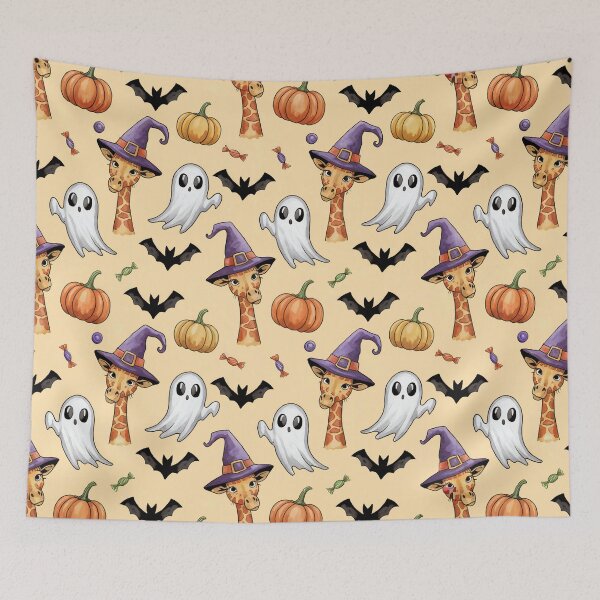 Item preview, Cute Giraffe Halloween Pattern – Whimsical Giraffe in Halloween Scene with Pumpkins, Ghosts & Candy designed and sold by YourSocialBae.