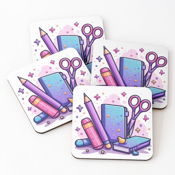 Item preview, Kawaii School Supplies Illustration – Cute Notebook, Pencil, Scissors, and Eraser in Glitter Pastel Style designed and sold by Mimoshi ⭐⭐⭐⭐⭐.