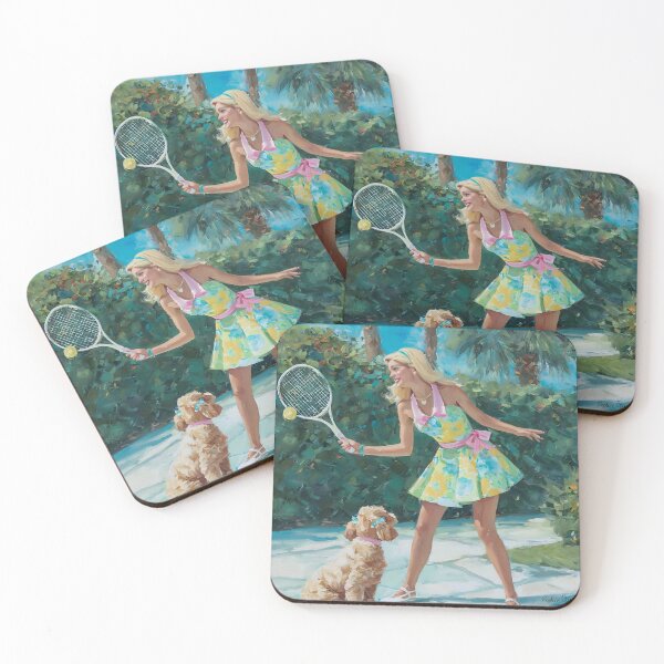 Item preview, Charming Palm Beach coastal-preppy tennis art of a blonde in floral dress with her dog—perfect for grandmillennial, summer, and beachy decor designed and sold by SophieClimaArt.