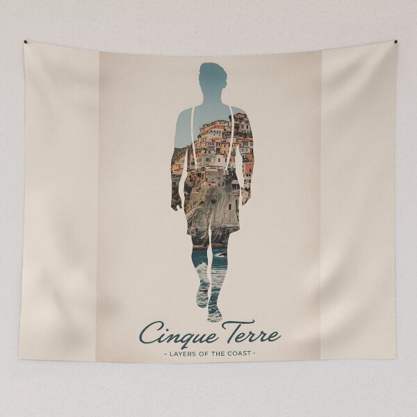Item preview, Cinque Terre Italy Silhouette Double Exposure Coastal Travel Poster designed and sold by Ceemko's Vintage Corner.