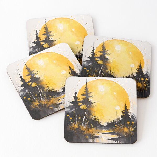 Item preview, Golden Full Moon Over Pine Forest – Watercolour Nightscape designed and sold by WiccaJourney.