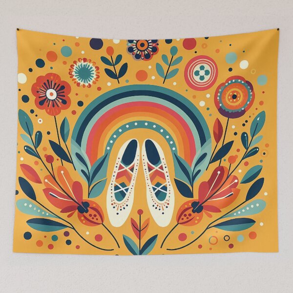 Aperçu de l'œuvre Chaussons de ballet créatifs - Couronne florale ornée sur fond jaune doré - Art populaire scandinave par heidiannemorris © créée et vendue par FOLK ART FUSION by heidiannemorris.