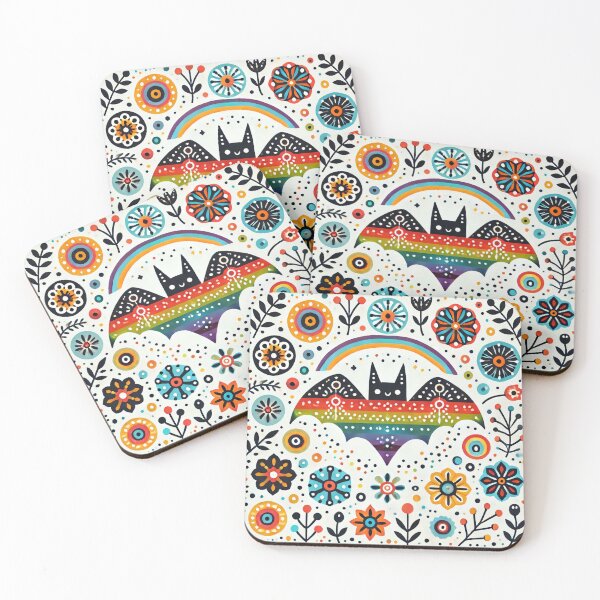 Item preview, Dreamy Folk Art Bat - Ornate Arching Rainbow Floral - Scandinavian Folk Art by heidiannemorris © designed and sold by FOLK ART FUSION by heidiannemorris.