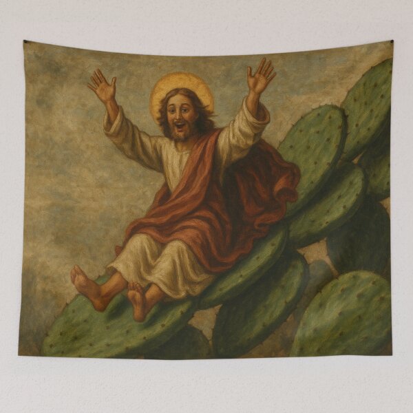 Item preview, Jesus Joyfully Sliding Down Prickly Pear Cactus Leaves – Renaissance-Style Painting designed and sold by BloomOfDesign.