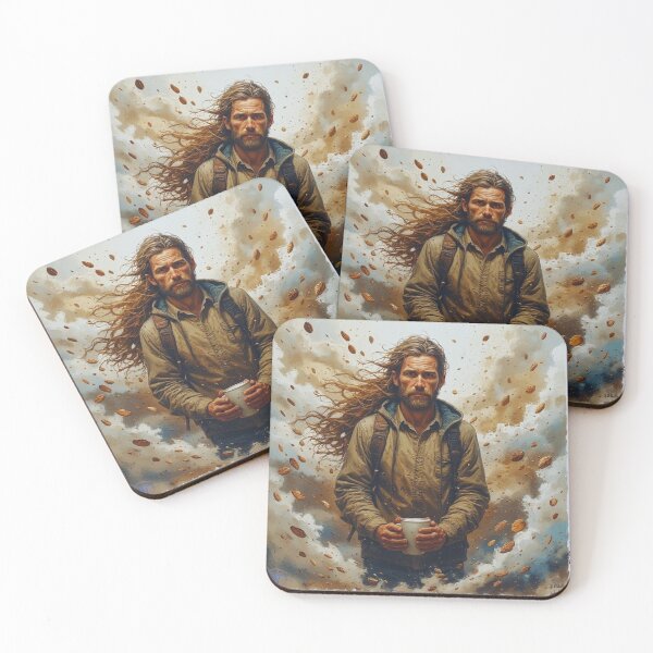 Item preview, Autumn Adventure – Rugged Traveler with Coffee Cup in Falling Leaves by NegarTv Designs designed and sold by NegarTv Designs.