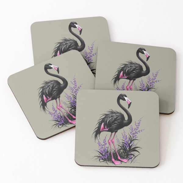 Aperçu de l'œuvre Dessin de flamant noir, rose, violet, floral, herbe, feuilles créée et vendue par TackyTime.