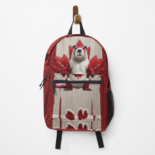 Item preview, Cute Canadian Beaver with Red Maple Leaf Pattern Standing in Front of Canada Flag Patriotic Wildlife Art designed and sold by ArtDesignTp.