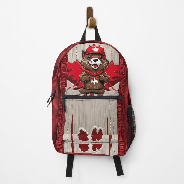 Item preview, Cute Canadian Beaver Wearing Red Maple Leaf Cap and Scarf Standing in Front of Canada Flag Cartoon Artwork designed and sold by ArtDesignTp.