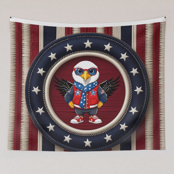 Item preview, Cool American Bald Eagle Wearing Stars and Stripes Jacket with Sunglasses Inside Patriotic Circular Star Frame Cartoon Artwork designed and sold by ArtDesignTp.