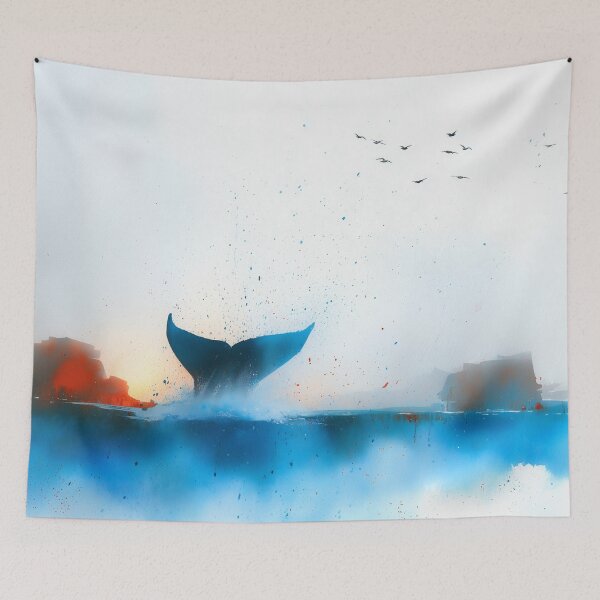 Item preview, Humpback Whale Tail Breach – Minimal Watercolor Seascape designed and sold by solynneart.