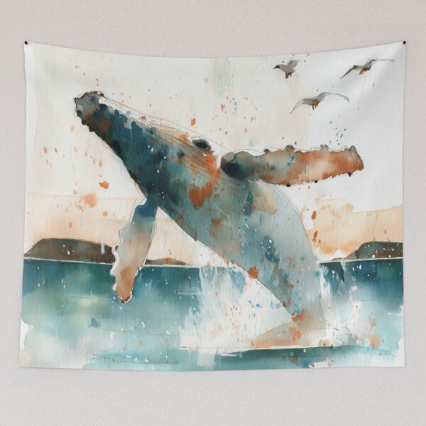Item preview, Humpback Whale Breach Watercolor – Coastal Seascape designed and sold by solynneart.