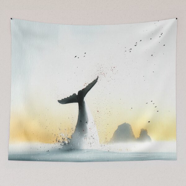 Item preview, Humpback Whale Tail Splash – Minimal Watercolor Seascape designed and sold by solynneart.