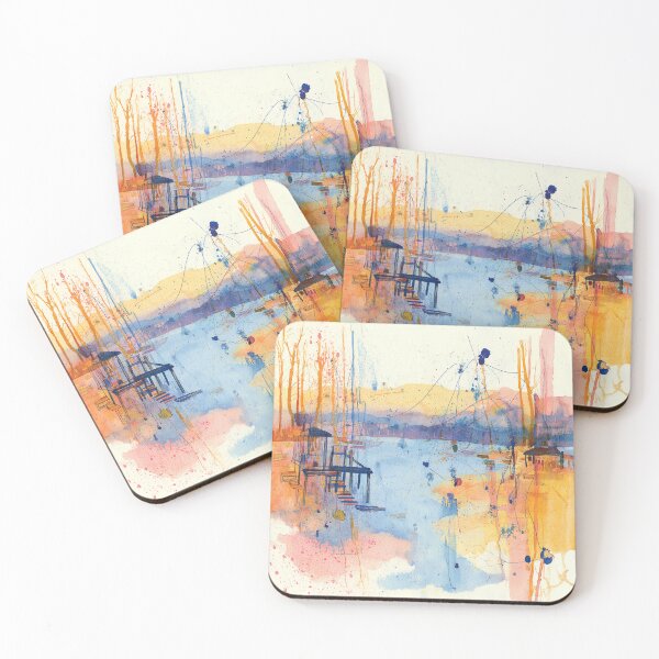 Item preview, Harbor at First Light – Abstract Watercolor Lakeside Scene designed and sold by solynneart.