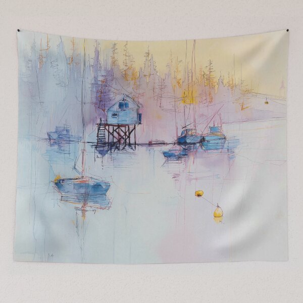Item preview, Harbor at Dawn – Minimal Watercolor Boats and Stilt House designed and sold by solynneart.
