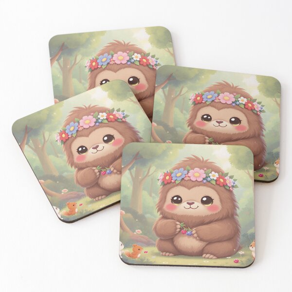 Item preview, Kawaii Bigfoot with Flower Crown – Chibi Forest Scene with Woodland Animals – Ultra Cute Pastel Cryptid Art designed and sold by Emmachenn / WineDronk Shop.