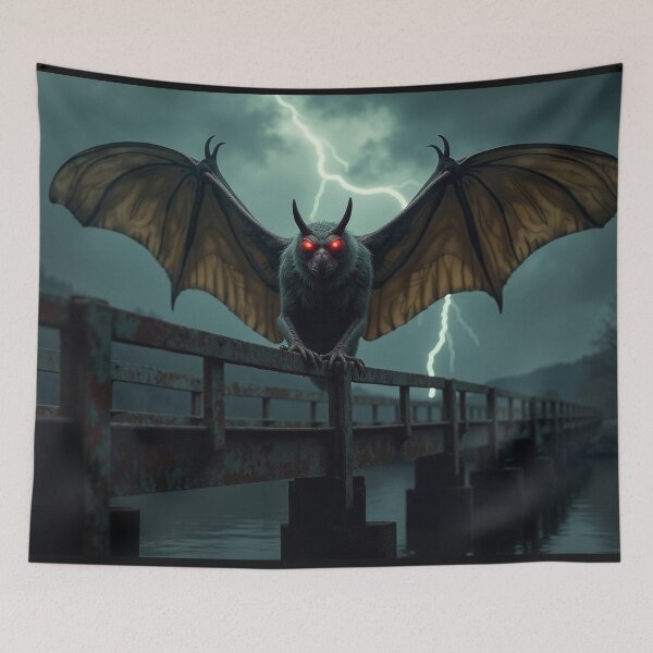 Item preview, Realistic Mothman Cryptid Art – Stormy Bridge Scene with Glowing Red Eyes & Dramatic Lighting designed and sold by Emmachenn / WineDronk Shop.