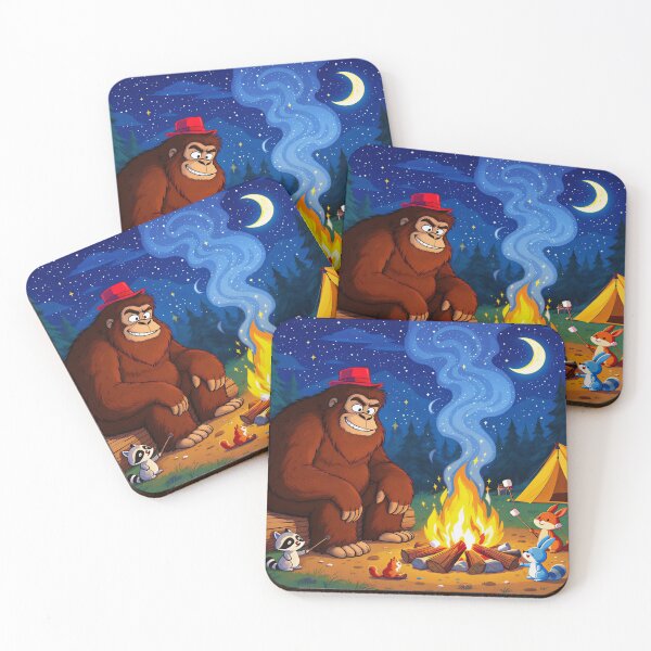 Item preview, Cartoon Bigfoot Camping with Forest Animals – Fun Night Sky Marshmallow Roast in Bright Colors designed and sold by Emmachenn / WineDronk Shop.