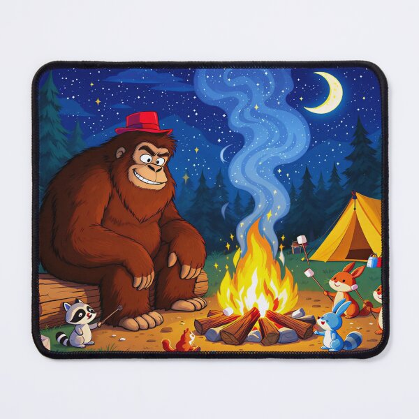 Item preview, Cartoon Bigfoot Camping with Forest Animals – Fun Night Sky Marshmallow Roast in Bright Colors designed and sold by Emmachenn / WineDronk Shop.