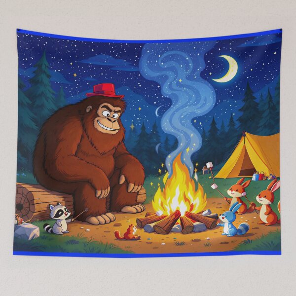 Item preview, Cartoon Bigfoot Camping with Forest Animals – Fun Night Sky Marshmallow Roast in Bright Colors designed and sold by Emmachenn / WineDronk Shop.