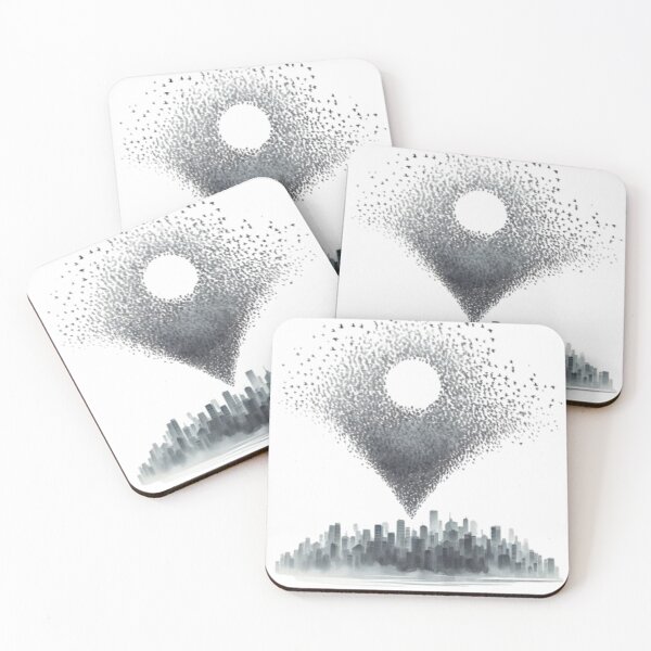 Item preview, Emerald Starlings Forming a Location Pin Over Misty Cityscape – Minimal Watercolor Bird Art in Grey Tones on White Background with Open Space designed and sold by Mytrustiq.