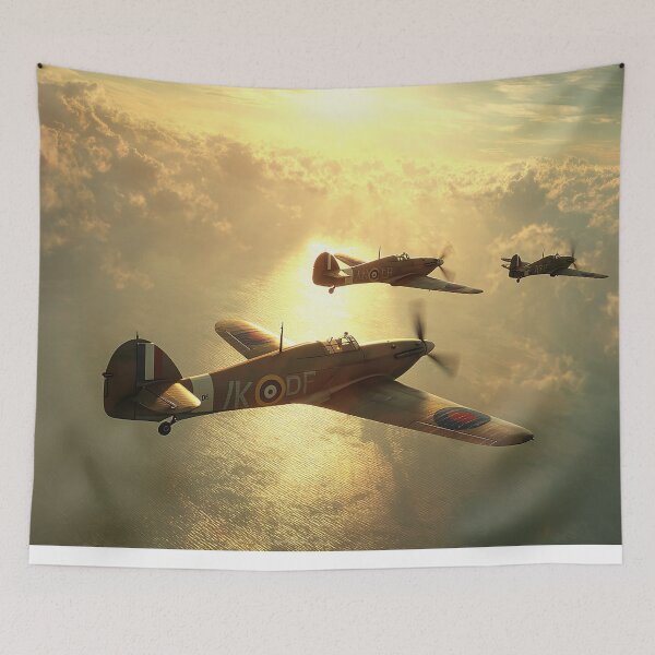 Artikelvorschau, RAF Hurricane Formation Formation in der Abenddämmerung entworfen und verkauft von Skyframe Aviation.