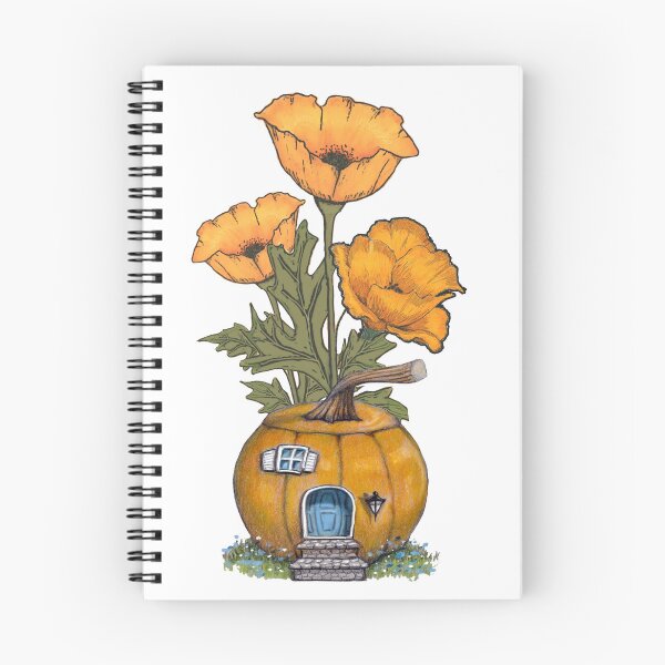 Item preview, Orange Poppies and Fantasy Pumpkin House, Freehand Illustration designed and sold by JoyfulWhimsy.