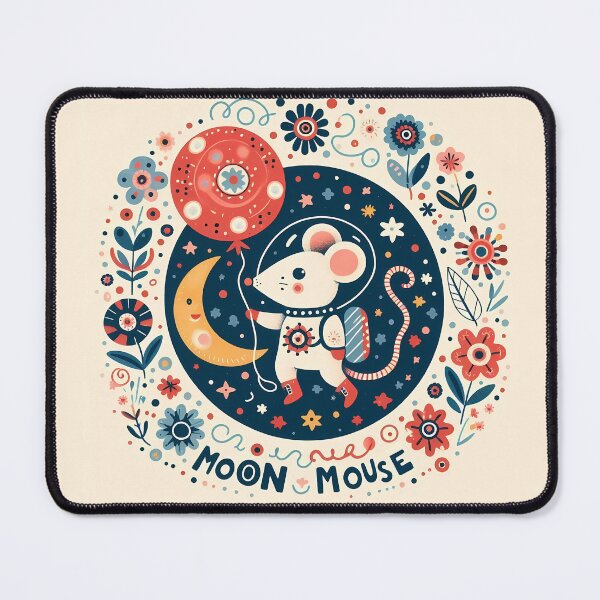 Item preview, Whimsical Moon Mouse - Playful Night Sky Floral - Scandinavian Folk Art by heidiannemorris © designed and sold by FOLK ART FUSION by heidiannemorris.